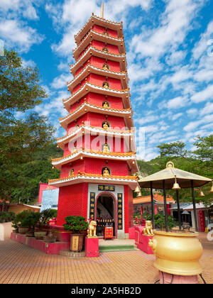 Nine-storey Man Fat Sze pagoda at Ten Thousand Buddhas Monastery. Sha Tin, New Territories, Hong Kong. Stock Photo