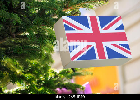 UK British flag printed on a Christmas gift box. Printed present ...