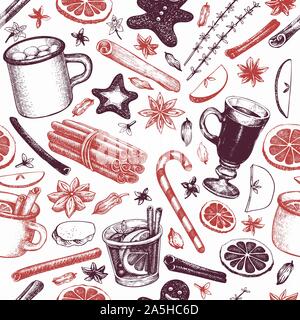 Winter drinks vector seamless pattern. Hand drawn engraved style mulled wine, hot chocolate, spices illustrations. Retro christmas background. Stock Vector
