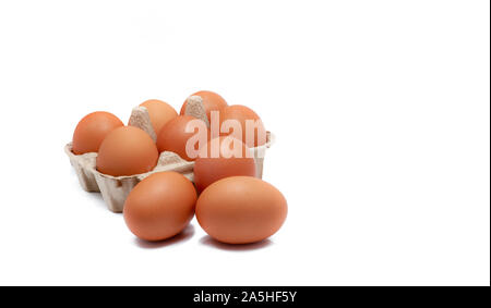 Egg in paper box isolated in white background. Eggs in carton. Green packaging. Chicken eggs from organic farm. Brown cardboard box package. Paper Stock Photo