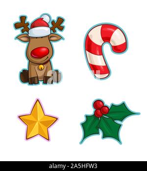 Vector Cartoon Icon set of Rudolf the Red-Nose Reindeer, a Candy Cane, a Christmas Star and a Holly Mistletoe. Illustrations Lines, Color, Shadows and Stock Vector