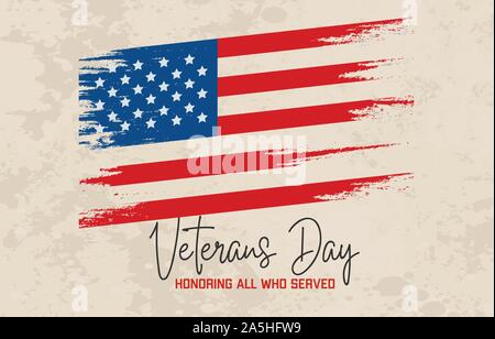 Veterans Day celebration poster with Typewritten text and US flag Stock Vector