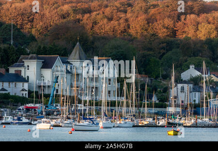 Crosshaven, Cork, Ireland. 21st October, 2019. Early morning light begins to illuminate the autumnal colours of   trees and the mast of the yachts moored, at the marina of the Royal Cork Yacht Club in Crosshaven, Co. Cork, Ireland. - Credit; David Creedon / Alamy Live News Stock Photo