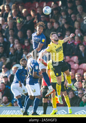 London, UK. 19th Oct, 2019. Brentford's Julian Jeanvier and Millwall's Tom Bradshaw during the Sky Bet Championship match between Brentford and Millwall at Griffin Park, London, England on 19 October 2019. Photo by Andrew Aleksiejczuk/PRiME Media Images. Credit: PRiME Media Images/Alamy Live News Stock Photo