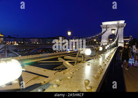 Budapest, Hungary. 15th August, 2019. The Széchenyi Chain Bridge connecting Buda and Pest across the River Danube in Budapest, Hungary. Stock Photo