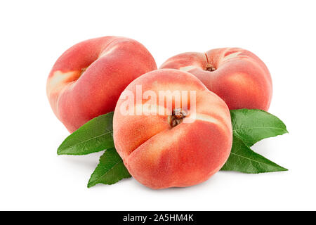 Ripe chinese flat peach fruit with leaf isolated on white background. Stock Photo