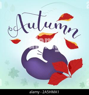 Purple Street Sad Grumpy Cat Lies and Looks at the Falling maple and wild grape Leaves. Adopt concept of homeless animals in the fall. Autumn vector Stock Vector
