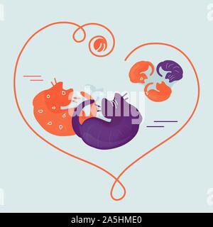 A family of cats and kittens are lying, looking at a ball of thread in the shape of a heart. Adopt a concept of stray animals. Cozy vector Stock Vector