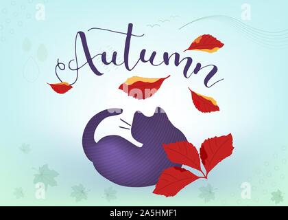 Purple Street Sad Grumpy Cat Lies and Looks at the Falling maple and wild grape Leaves. Adopt concept of homeless animals in the fall. Autumn vector Stock Vector