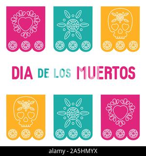 Day of the dead, Dia de los muertos background, square banner, greeting card  with mexican bunting, sugar skull or calavera, flowers and text. Stock Vector