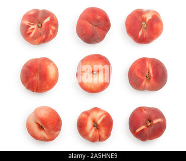 Ripe chinese flat peach fruit with leaf isolated on white background. Top view. Flat lay. Set or collection. Stock Photo