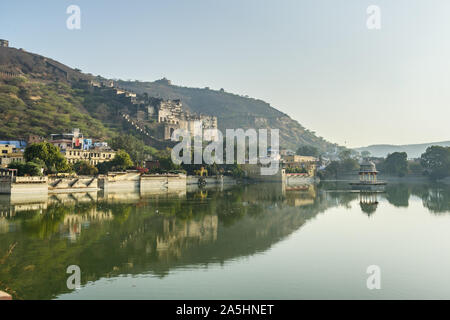 Taragarh Fort and Nawal Sagar Lake in Bundi. Rajasthan. India Stock Photo