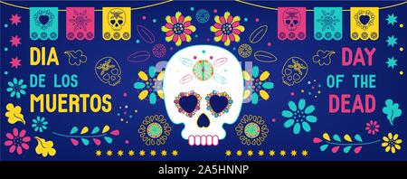 Day of the dead, Dia de los muertos background, banner, greeting card  with mexican bunting, sugar skull or calavera, flowers and text. Vector Stock Vector