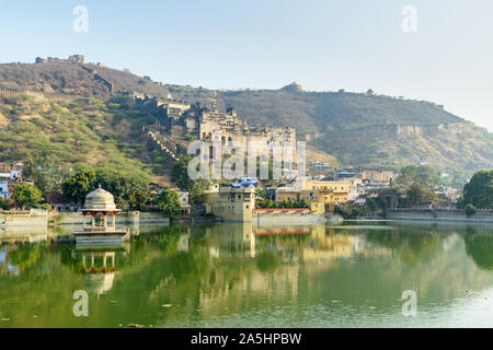 Taragarh Fort and Nawal Sagar Lake in Bundi. Rajasthan. India Stock Photo