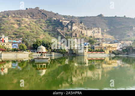 Taragarh Fort and Nawal Sagar Lake in Bundi. Rajasthan. India Stock Photo