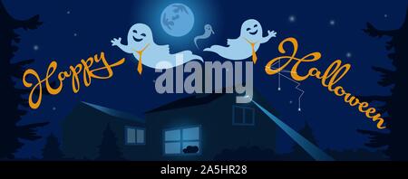 Halloween night background with ghosts, haunted house and full moon. Flyer or invitation template for party. Illustration for facebook cover Stock Vector