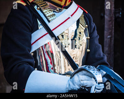 Horse Guards London - Close up detail of a Mounted Trooper of the Household Cavalry Blues and Royals on guard on Whitehall, Central London Stock Photo