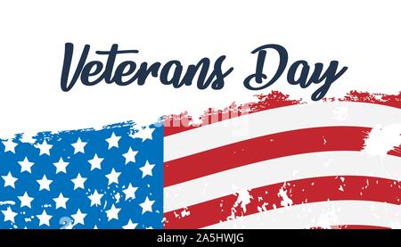 Veterans Day watercolor poster with Typewritten text and US flag Stock Vector