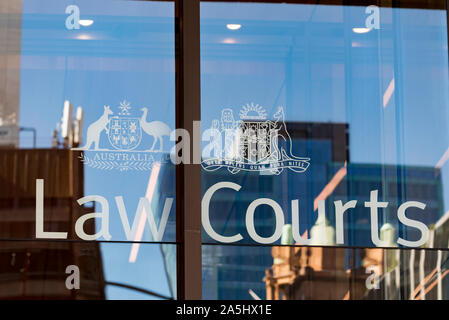 the front windows and logo of the Supreme Court of New South Wales in central Sydney, Australia including the national Coat of Arms Stock Photo