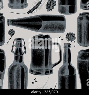 Seamless pattern with hand drawn stylized rye, hop, mug of beer, bottles of beer, aluminum can stock illustration Stock Vector