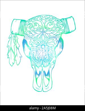 Gradient illustration of a bull's skull. Decorated cow's head Stock Vector