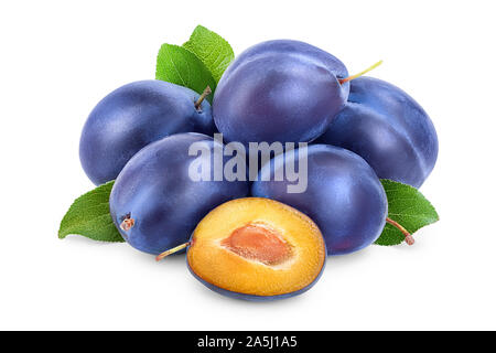 fresh blue plum and half with leaves isolated on white background Stock  Photo - Alamy