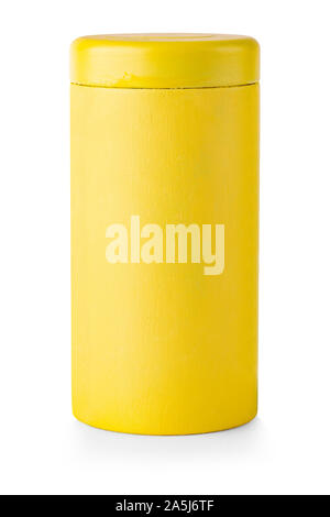 The yellow decorative plastic jar with cover on white Stock Photo