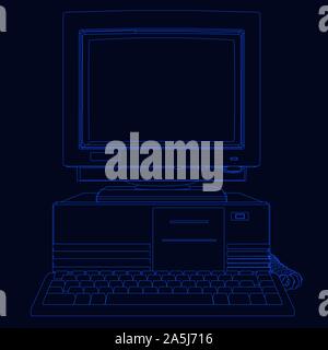 Outline of a vintage computer from blue lines on a dark background. Front view. Vector illustration. Stock Vector