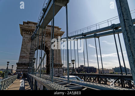 Budapest, Hungary. 15th August, 2019. The Széchenyi Chain Bridge connecting Buda and Pest across the River Danube in Budapest, Hungary. Stock Photo