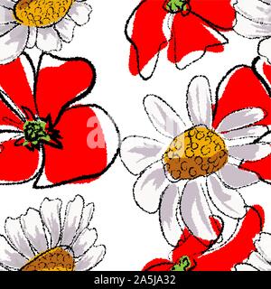 Chamomile for decorative design. Drawing engraving. Nature seamless pattern. Colorful vector illustration. Abstract herb. Flower pattern. Decoration Stock Vector