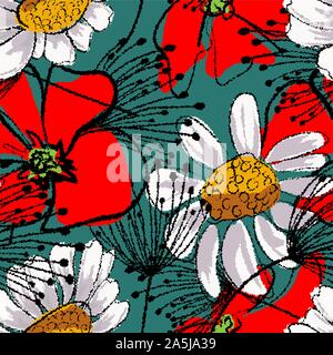 Chamomile for decorative design. Drawing engraving. Nature seamless pattern. Colorful vector illustration. Abstract herb. Flower pattern. Decoration Stock Vector