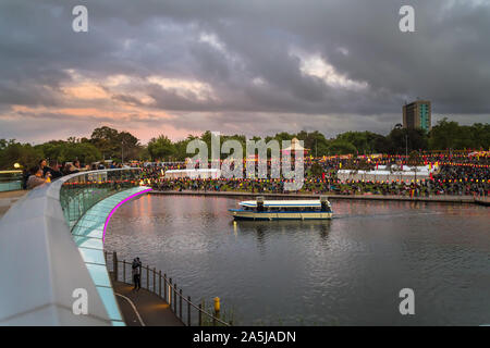 Adelaide, Australia - October 19, 2019: Elder Park fully packed with people during Moon Lantern Festival celebration at night Stock Photo