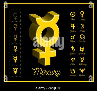 Mercury planet sign with other astrological symbols of the planets on black background. Vector Stock Vector