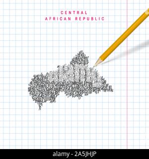 Central African Republic sketch scribble map drawn on checkered school notebook paper background. Hand drawn vector map of CAR. Realistic 3D pencil. Stock Vector