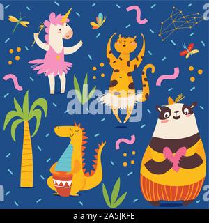 Vector seamless pattern in kids style with cartoon animals Stock Vector