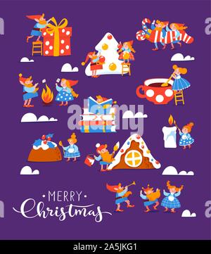 Vector Christmas poster with differents cute elf characters celebrate Christmas Stock Vector