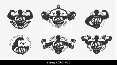 Gym set of logos and labels. Sport, fitness concept. Vector