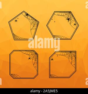 Halloween Geometric Frames set with spiderweb, hanging spiders sitting spiders. Design decorative elements. Vector illustration. Orange polygonal background. Stock Vector
