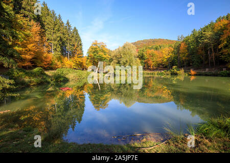beautiful reflecting Lake and Forest during Autumn Stock Photo