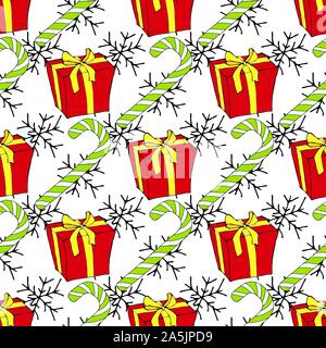 Christmas watercolor seamless pattern with Christmas toys, gifts and snowflakes. Perfect for wallpapers, wrapping paper, pattern fills, winter Stock Vector