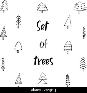 Christmas tree set. Different shapes. Isolated on white background. Doodle style illustration Stock Vector
