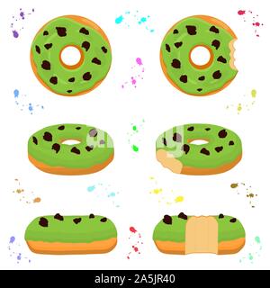 Illustration on theme big set different types sticky donuts, sweet doughnuts various size. Donut pattern consisting of collection organic doughnuts fr Stock Vector