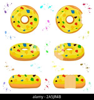 Illustration on theme big set different types sticky donuts, sweet doughnuts various size. Donut pattern consisting of collection organic doughnuts fr Stock Vector