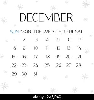 Calendar for December 2019. White background with snowflakes. Winter illustration Stock Vector