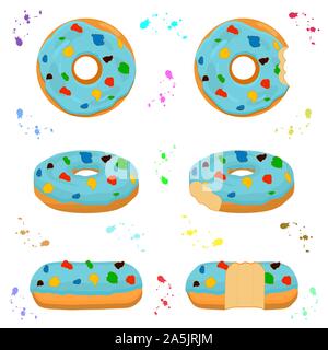 Illustration on theme big set different types sticky donuts, sweet doughnuts various size. Donut pattern consisting of collection organic doughnuts fr Stock Vector
