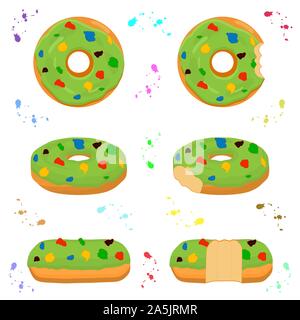 Illustration on theme big set different types sticky donuts, sweet doughnuts various size. Donut pattern consisting of collection organic doughnuts fr Stock Vector