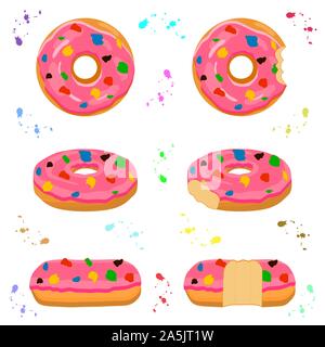 Illustration on theme big set different types sticky donuts, sweet doughnuts various size. Donut pattern consisting of collection organic doughnuts fr Stock Vector