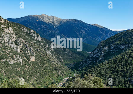 Surroundings (Mountain and Valleys) of Villefranche-De-Conflent viewed from Fort Liberia, Pyrenees Orientales, French Catalonia, France Stock Photo