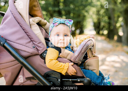 Happy girl in baby carriage playing in pram on background nature. Portrait cute little beautiful girl of 9 months sitting or stroller and waiting for Stock Photo