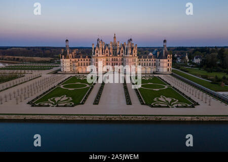 France, Loir et Cher, Loire Valley listed as World Heritage by UNESCO, Chambord, royal castle of Chambord and the French gardens at sunset (aerial vie